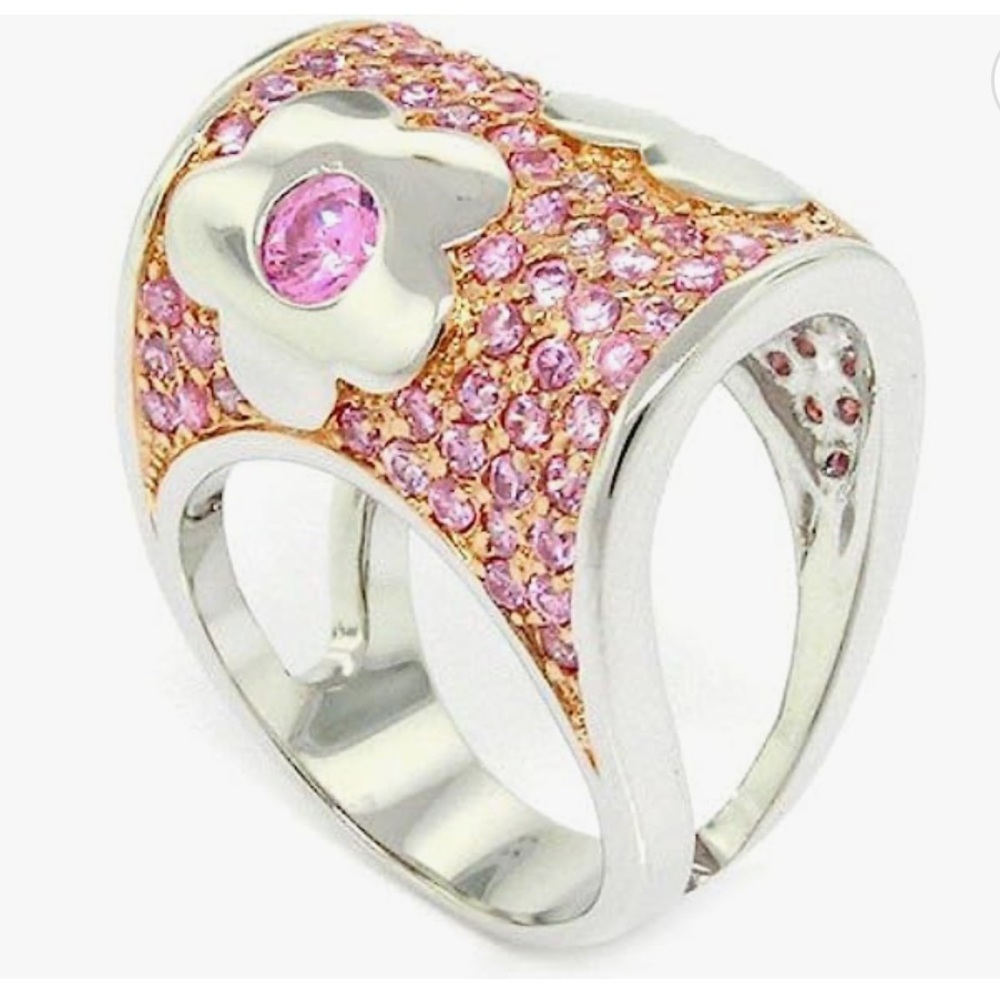 Silver Fold-over flower pink CZ cocktail ring